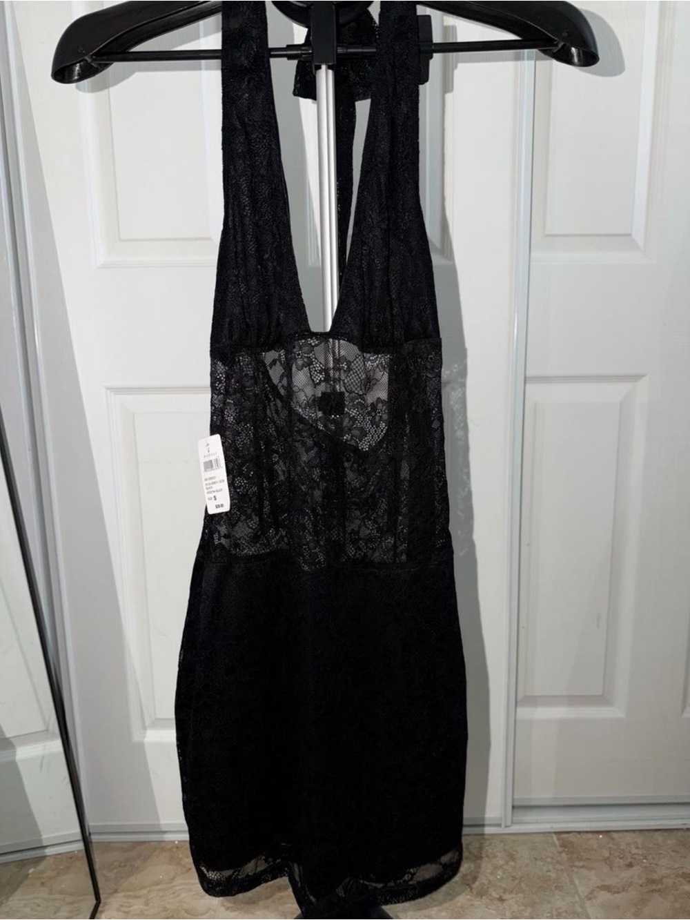 windsor black lace halter mini dress with open back